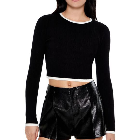 Forever 21 Women's Cropped Ribbed Knit Sweater with Contrast Trim Size L - Picture 1 of 7